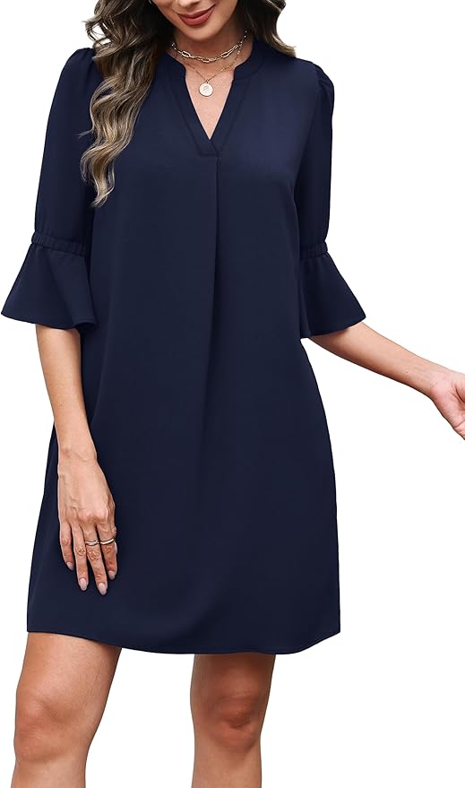 RUMIA Shift Dress for Women V Neck Ruffle Short Sleeve Loose Casual Summer Dress