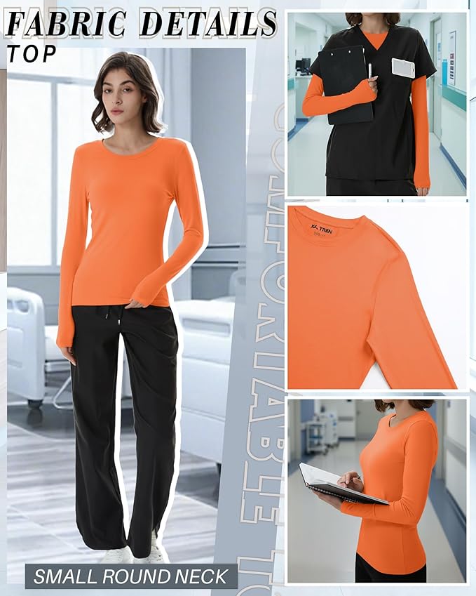 4 Pack Women's Underscrub Shirts Nurse Undershirts Long Sleeve Crewneck Slim Fit Tops Soft Stretchy Basic Tee