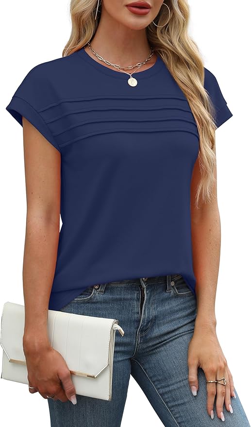 WEESO Womens Summer Tops Trendy 2026 Cap Sleeve T Shirts Crew Neck Pleated Front Beach Vacation Clothes Fashion