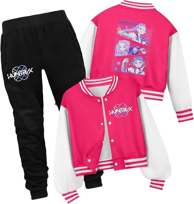 K PopGirls Kpop Tracksuit Cute Cartoon Print Baseball Coats Fashion Long Sleeve Jackets and Pants Christmas Costume Set