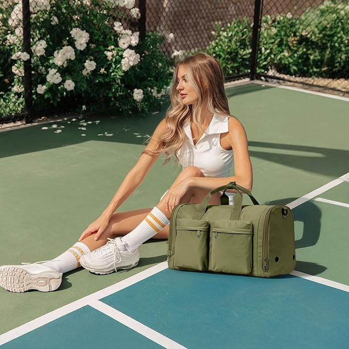Aji Foldable Gym Bag for Women Men with Shoes Compartment, 3 in 1 Carry on Travel Duffel Bag with Trolley Sleeve, Lightweight&Water Resistant Duffel Bag for Travel, Sport, Fitness&Workout,Garden Green