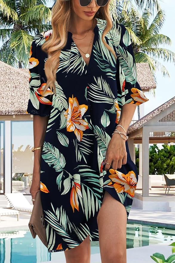 QACOHU Summer Dresses for Women V Neck Ruffle Short Sleeve Casual Shift Dress