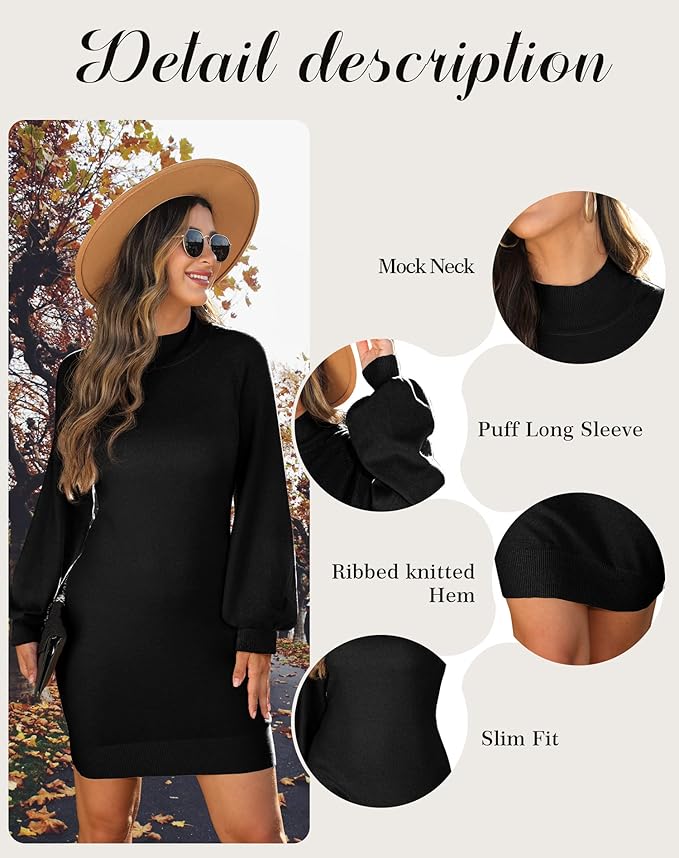 GRECERELLE 2026 Women's Mock Neck Ribbed Long Sleeve Bodycon Pullover Cute Mini Sweater Dress (XS-2XL)
