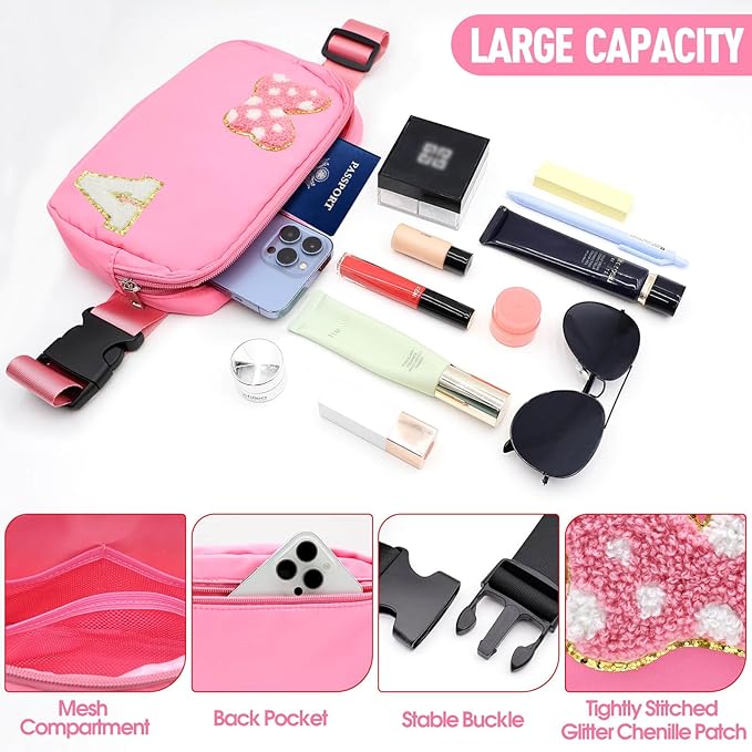 Chenille Initial Letter Bow Mouse Fanny Pack, Waterproof Park Crossbody Bag Christmas Birthday Gifts for Teen Girls Daughter Women Kids Adults, Cute Belt Bag Must Haves for Park Travel (V, Pink)