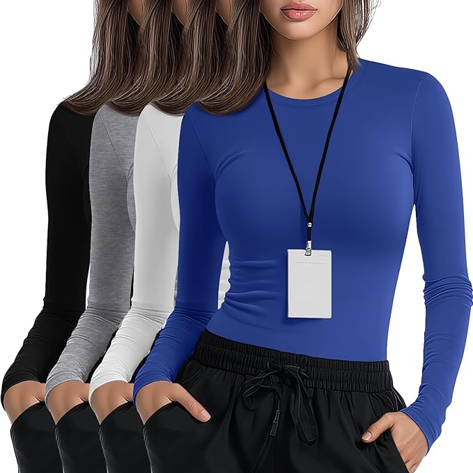 4 Pack Women's Underscrub Shirts Nurse Undershirts Long Sleeve Crewneck Slim Fit Tops Soft Stretchy Basic Tee