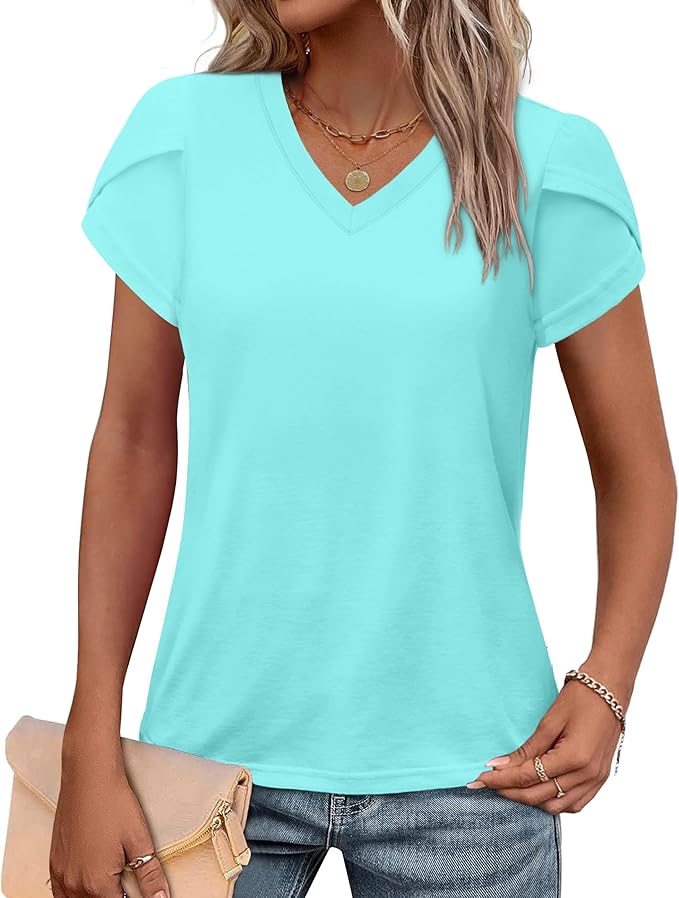 WIHOLL Womens Tops V Neck Summer Petal Sleeve Casual Tshirts