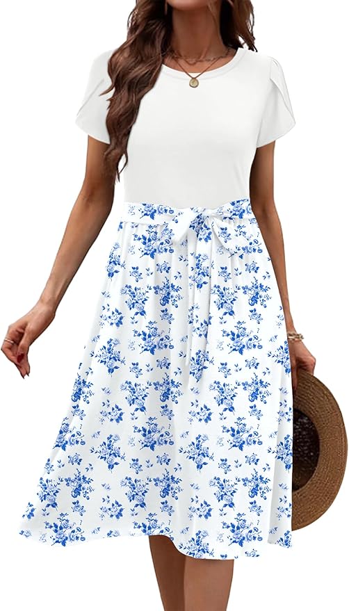 Zeagoo Womens Midi Dress Summer Short Sleeve Dress with Pockets 2025 Casual Floral T-Shirt Dress Flowy Beach Sundress
