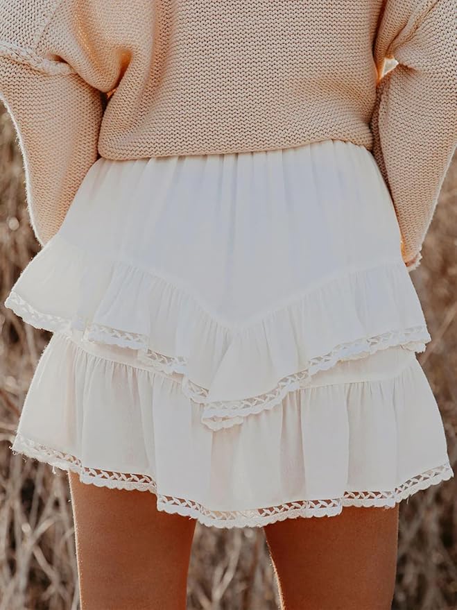 Aoudery Flowy Shorts for Women Casual Boho Ruffle Tiered Skorts High Waist Mini Skirts Golf Tennis Crochet Shorts
