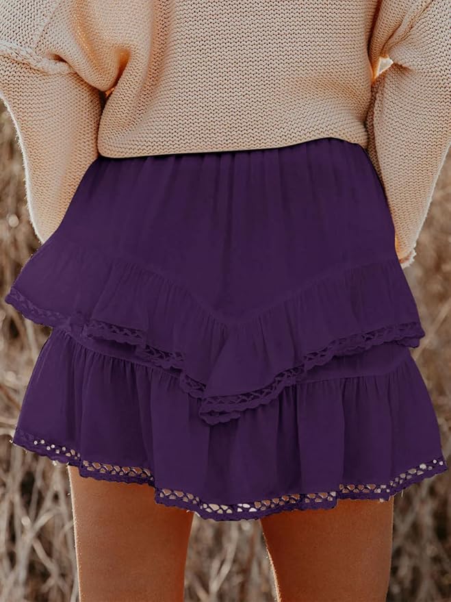 Aoudery Flowy Shorts for Women Casual Boho Ruffle Tiered Skorts High Waist Mini Skirts Golf Tennis Crochet Shorts
