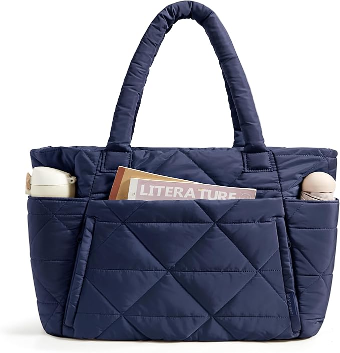 BAGSMART Tote Bag for Women, Puffy Tote Bag with Zipper, Large Quilted Shoulder Bag with Compartments for Travel, Work, Gym