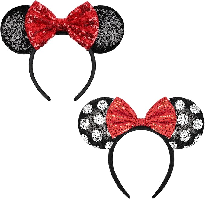 YUNISS 2 PCS Mouse Ears, Shiny Sequin Bow Mouse Ears Headbands for Adult Women Girls Christmas Birthday Party