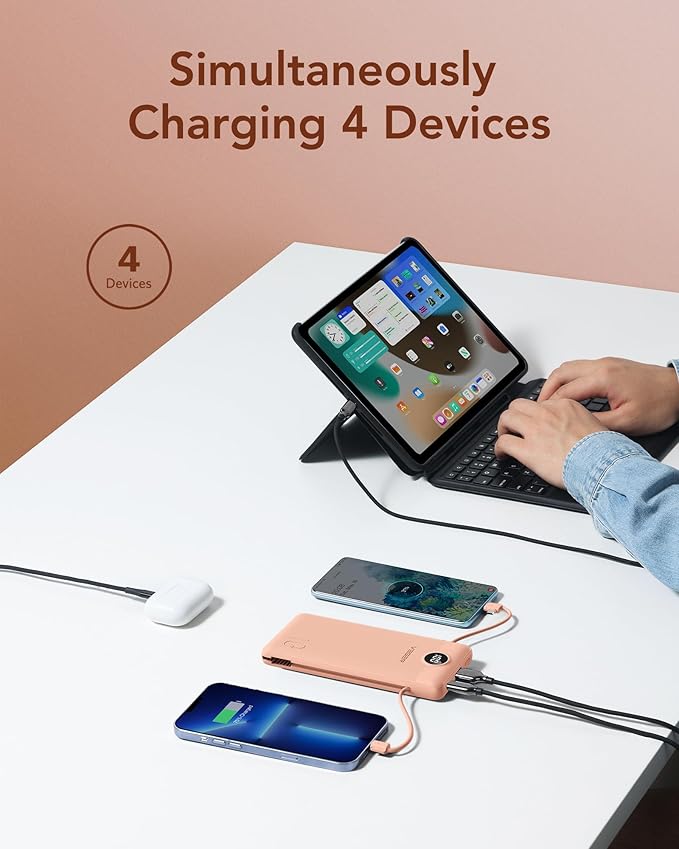 VEGER Portable Charger for iPhone Built in Cables and Wall Plug, 10000mah Slim Fast Charging USB C Power Bank, Travel Essential Battery Pack Compatible with iPhones, iPad, Samsung(Dark Pink)