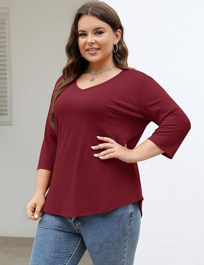 TFSDOD Womens Plus Size Tops V Neck T Shirts 3/4 Sleeve Blouse Summer Casual Tees XL-5X