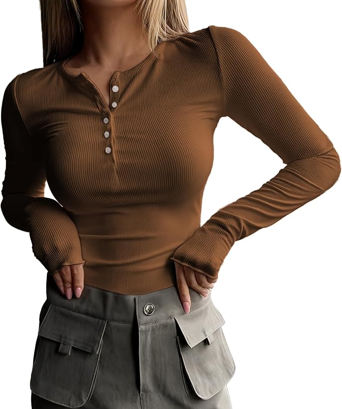 MARSVOVO Fashion Crop Tops for Women Scoop Neck Button Comfy Ribbed Slim Fit Cute Shirts Casual Party Fall Tops