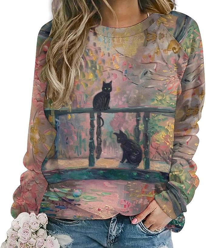Spatofa Womens novelty funny cat printed crewneck sweatshirt casual loose long sleeve graphic pullover sweatshirts tops