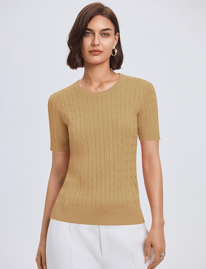 Micoson Womens Short Sleeve Cable Knit Sweater Tops Crewneck Lightweight Spring Summer Shirts Business Dressy Casual Outfits