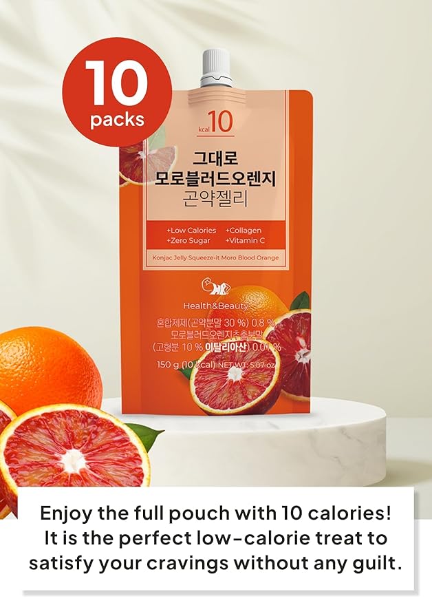 Korean Food Low Calories Squeeze Konjac Jelly Moro Blood Orange Flavor, Fish Collagen, Vitamin, Zero Sugar, Chewier Texture Health&Beauty (Net WT 5.07 oz, Pack of 10) 곤약젤리