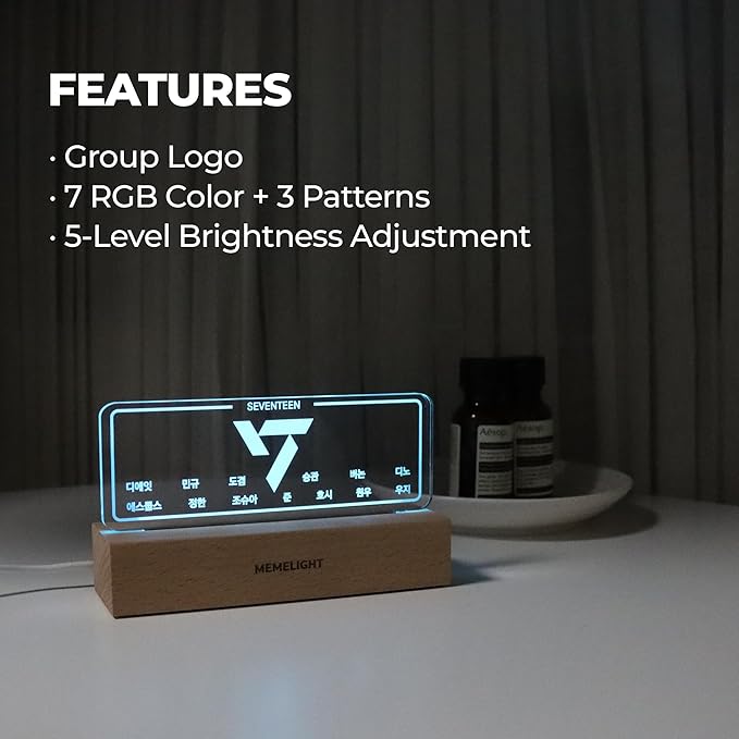 MEMELIGHT Seven.Teen Night Light, Kpop Merchandise, Korean Idol Lamp for Carat, 7RGB Color, Dimmer, 8.3 x 4.2 x 1.7