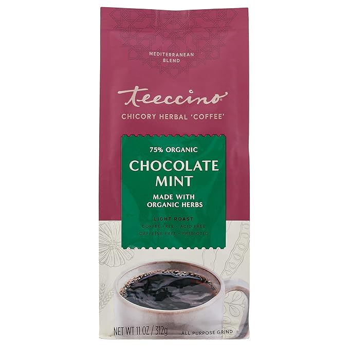 Teeccino Chocolate Mint Chicory Coffee Alternative - Ground Herbal Coffee That’s Prebiotic, Caffeine Free & Acid Free, Light Roast, 11 Ounce (Pack of 3)