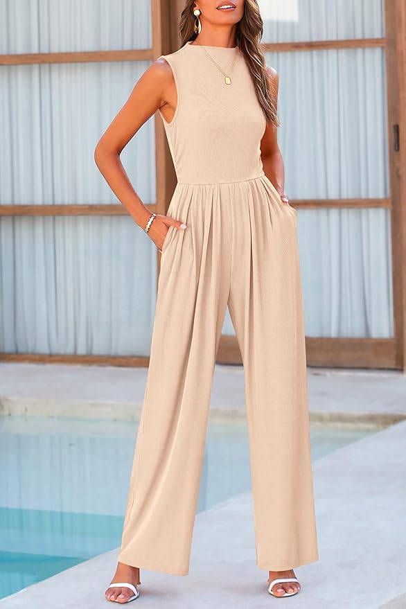 PRETTYGARDEN Womens Summer Jumpsuits Dressy Casual One Piece Outfits Sleeveless Mock Neck Wide Leg Pants Rompers with Pockets