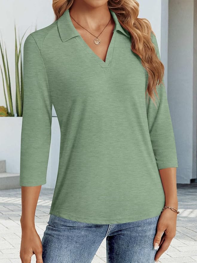 3/4 Length Sleeve Womens Tops Dressy Casual V Neck Polo Shirts Business Work Blouses 2025 Trendy Tunic Top