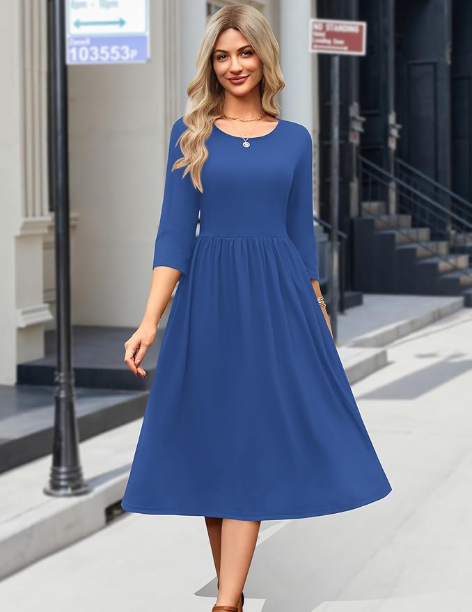 Zeagoo 3/4 Sleeve Women's Dress Casual Flowy A-Line Midi Tshirt Dresses with Pockets Crewneck Vocation Boho Beach Sundress
