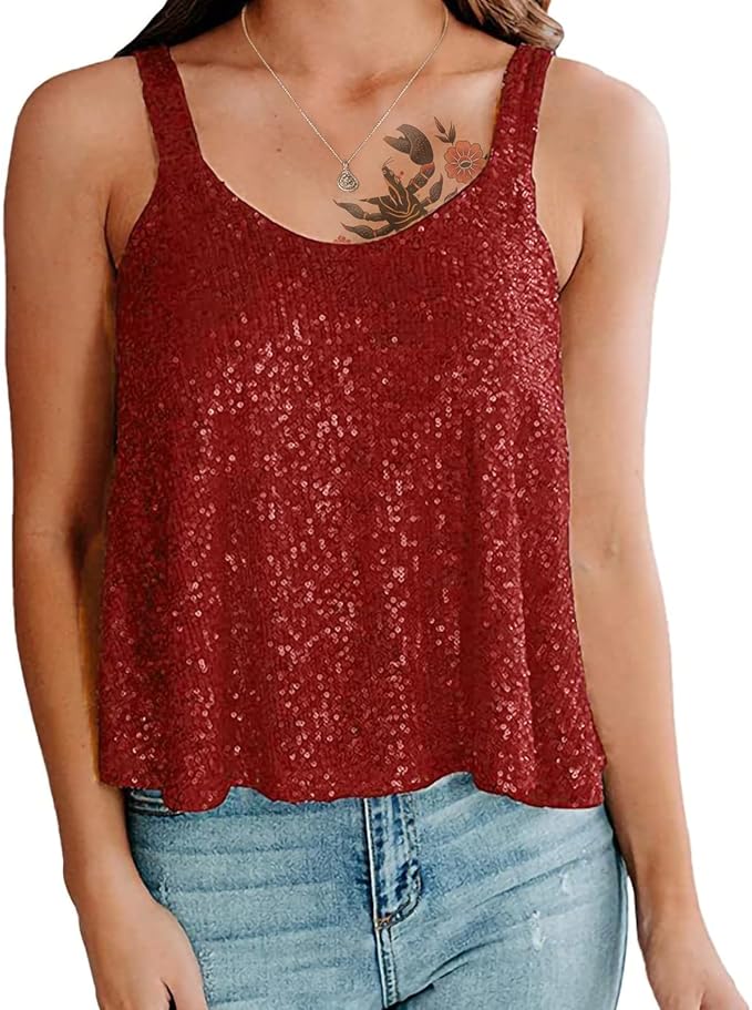 Sequin Top for Women Summer Scoop Neck Trendy Y2k Shining Shirts Casual Sleeveless Camisole Party Base Tank Tops