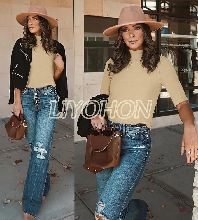 LIYOHON Womens Tops Dressy Casual Mock Turtleneck Business Short Sleeve T Shirts Going Out Tops 2026