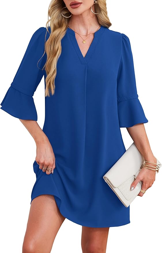 RUMIA Shift Dress for Women V Neck Ruffle Short Sleeve Loose Casual Summer Dress