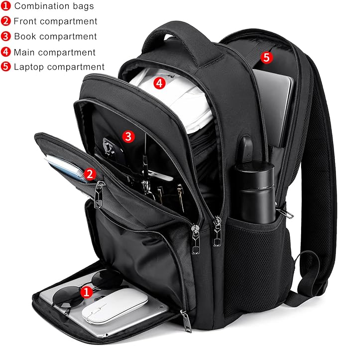 RJEU School Backpack for Teen Boys & College Students - 17.3 Inch Laptop Backpack with USB Charging Port, Anti-Theft Water Resistant Large Bookbag for Men, Travel & Work, Black