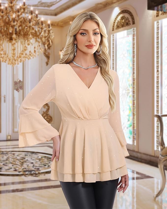 Lotusmile Women's Dressy Blouses Ruffle 3/4 Sleeve Peplum Sparkly Tops