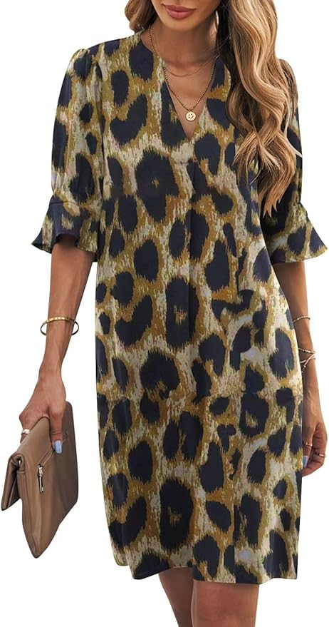 Wkior Shift Dress for Women V Neck Short Sleeves Solid Color Casual Flowy Summer Dresses(S-2XL)