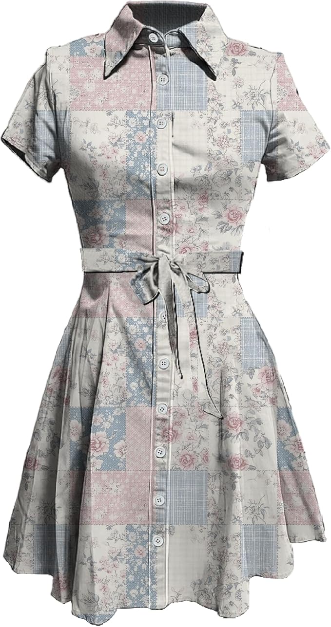 MARSVOVO Vintage Retro Shirt Dress for Women Short Sleeve Button Down Tie Waist Elegant Smocked Knee Length Dress