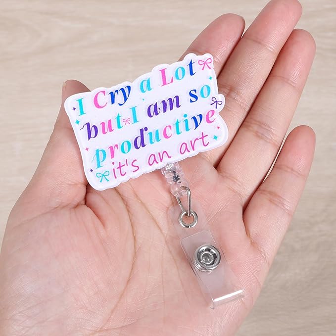 I Cry A Lot But I Am So Productive Funny Nurse Badge Reel, Cute Retractable ID Card Badge Holder, Name Tag Medical Badge Buddy for MA CNA PCA OB/GYN RN Night Shift Nurse Student Friends Social Workers
