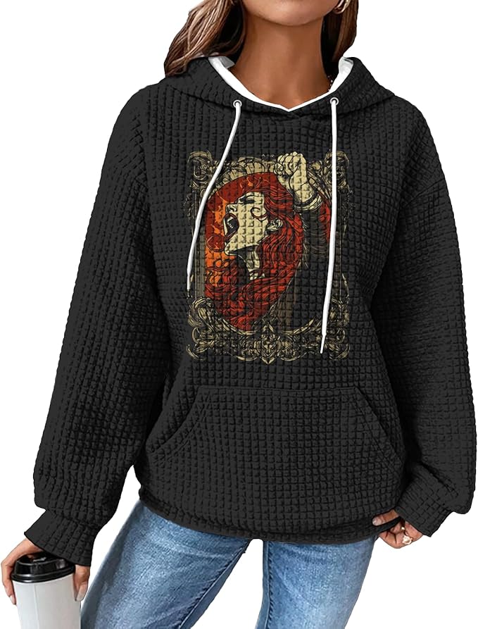 domirica Black Pullover Sweatshirts For Women Trendy Long Sleeve Waffle Sweatshirt With Hood Comfy Fall Clothing Qutfits