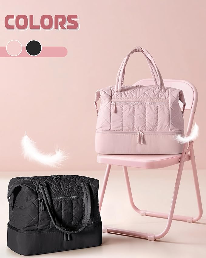 Quilted Duffle Bag with Shoe Compartment and Wet Pocket, Weekender Duffel Bag With Laptop Sleeve and a Separate Pouch for Travel, Gym, Hospital Labor Delivery, Pink