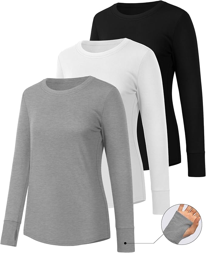 Huukeay 3 Pack Women's Long Sleeve Shirts with Thumb Holes, Cotton Casual Crew Neck Tunic Tops Fall Loose Y2k Trendy Outfits