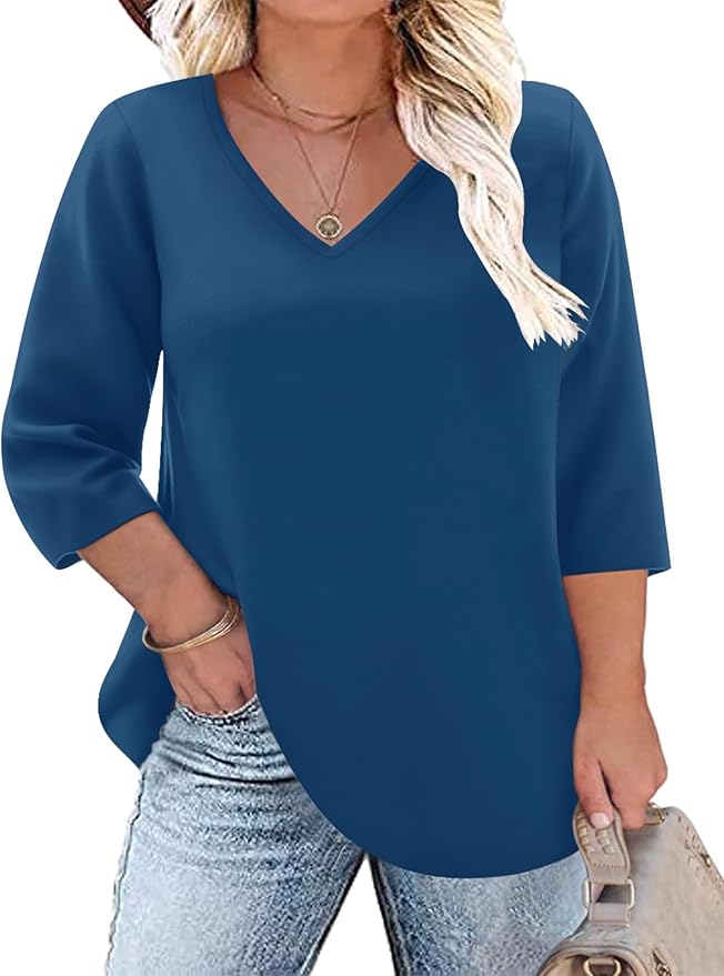 TFSDOD Womens Plus Size Tops V Neck T Shirts 3/4 Sleeve Blouse Summer Casual Tees XL-5X