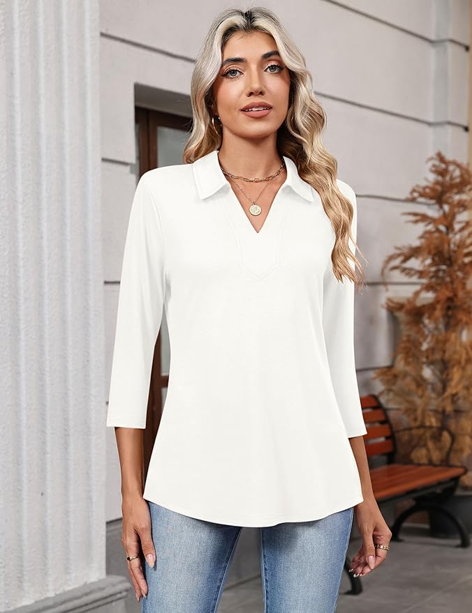 LOMON 3/4 Length Sleeve Womens Tops 2026 Spring Summer Collared Polo Shirts V Neck Casual Basic Polos Tees Shirt