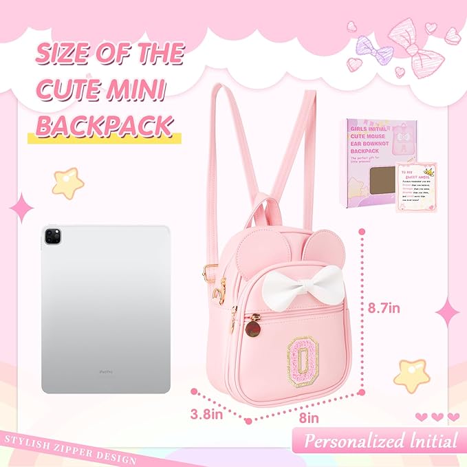 UIXIZQ Personalized Toddler Backpack for Girls 3–10, Cute Mini Bowknot Mouse-Ear Toddler Bookbag Crossbody Purse, Small Daypack Wallet Set, Initial Birthday Gift, Trendy Little Kids/Teen Bag(Pink,O)
