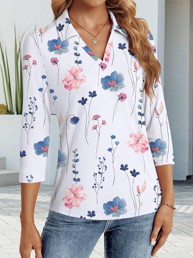 3/4 Length Sleeve Womens Tops Dressy Casual V Neck Polo Shirts Business Work Blouses 2025 Trendy Tunic Top