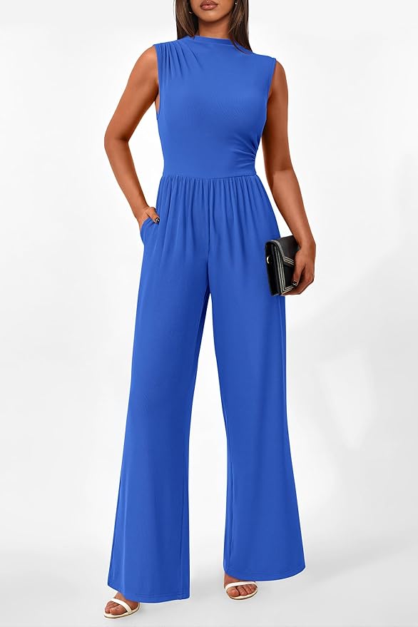 PRETTYGARDEN Womens Summer Jumpsuits Dressy Casual One Piece Outfits Sleeveless Mock Neck Wide Leg Pants Rompers with Pockets
