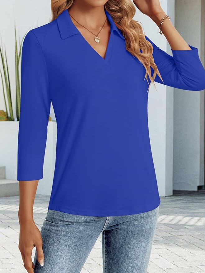 3/4 Length Sleeve Womens Tops Dressy Casual V Neck Polo Shirts Business Work Blouses 2025 Trendy Tunic Top