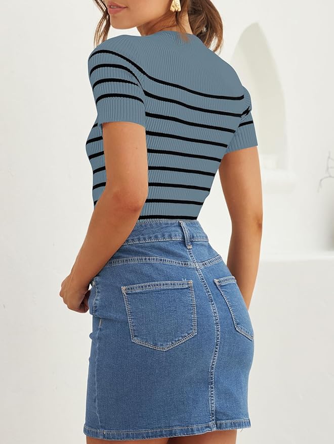ZESICA Women's Short Sleeve Crewneck Striped T Shirt 2026 Summer Ribbed Knit Slim Fit Casual Basic Tee Tops