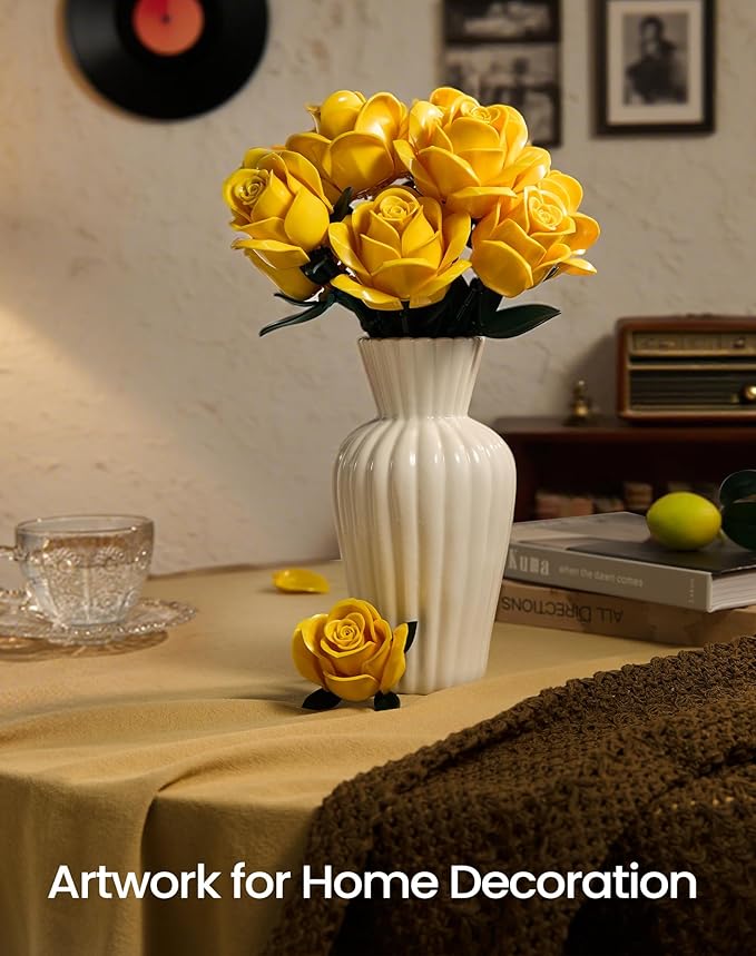 iATOM Yellow Rose Bouquet Building Set, 12Pcs Flowers Botanical Collection Kit for Adults, Valentine's Day Gift for Her/Girlfriend/Mom/Wife/Couple, Modern Home Office Table Centerpiece Decor Aesthetic