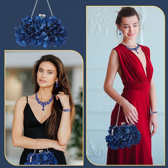 4 Pcs Flower Clutch Rhinestone Jewelry Set Rose Clutch Handbags with Detachable Strap Detachable Necklace Earrings Bracelets for Wedding Party Prom Valentine Gift
