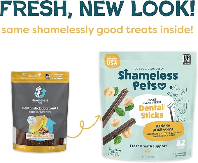 Shameless Pets Bone Broth, Banana, & Mint Dental Chews for Dogs, 32 Chews - Natural Dog Teeth Cleaning Treats with Fresh Breath Benefits | Grain-Free Dental Sticks for Small, Medium & Large Dogs