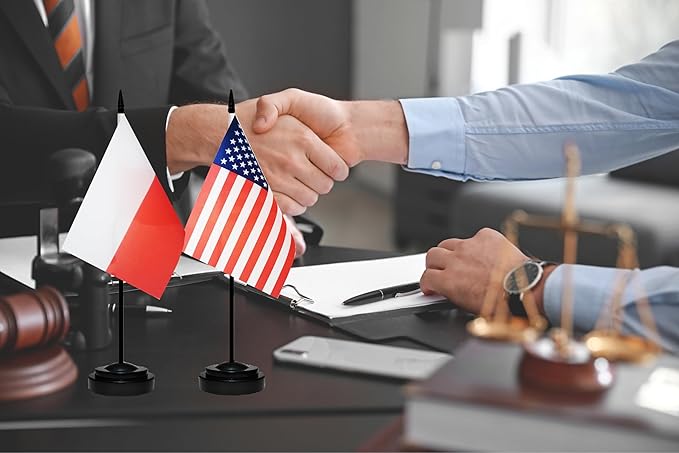 USA American & Poland Polish Desk Flags, US Poland Table Flag, Small Mini American & Polish Twin Table Office Flag, Miniature Polish and US Desktop Flag With 13" Solid Black Pole, Black Base