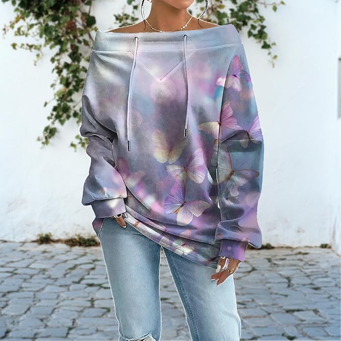 Womens Sweatshirts Floral Print Sexy Off The Shoulder T Shirts Oversized Long Sleeve Pullover Fall Tops