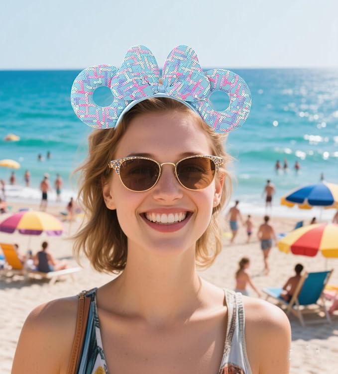 WW-WONDERFULWORLD 2 Pack Mouse Ears Headband Sets, Multicolor line Maze Sequin Pattern, Pink & Blue Band, Party Costume Accessory; TTQ2